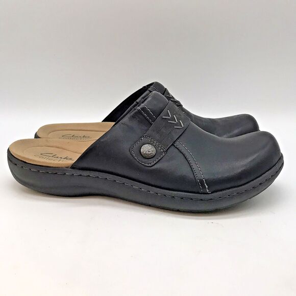 Clarks Collection Laurieann Ella Clogs Women's 9W Black Leather Slip-On Shoes - Picture 1 of 12